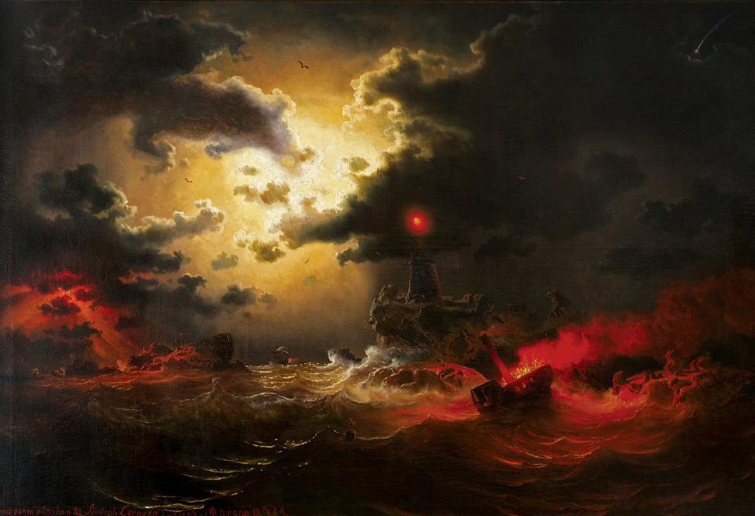 the sea in the moonlight with lighthouse and burning steamers